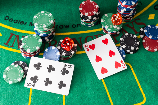 Black Jack casino table with cards and chips. High quality photo