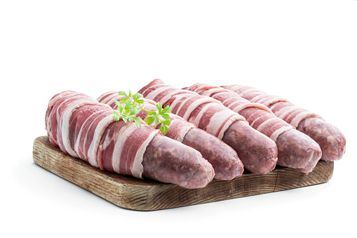 Salami smoked sausage slices on background