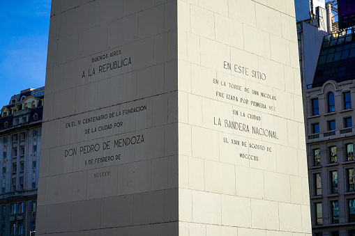 Close up view of the obelisk in Buenos Aires, Argentina.