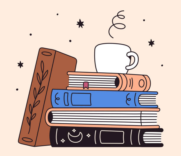 Stack of books and cup of coffee Stack of books and cup of coffee. Love reading vector illustration, simple line drawing. book club stock illustrations