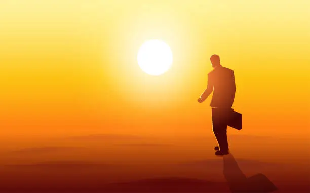 Vector illustration of Businessman with a suitcase walking across the vast desert