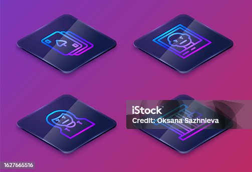 istock Set Isometric line Playing cards, Thief mask, Wanted poster and Prison window. Blue square button. Vector 1627665516