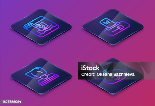 istock Set Isometric line Internet piracy, Kidnaping, Grave with tombstone and Money bag. Blue square button. Vector 1627666064