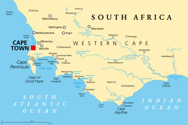 Cape of Good Hope and Cape Agulhas in South Africa, political map Cape of Good Hope, a region in South Africa, political map. From Cape Town and Cape Peninsula, a rocky headland on the South Atlantic coast, to Cape Agulhas, the southern tip of the continent Africa. cape peninsula stock illustrations