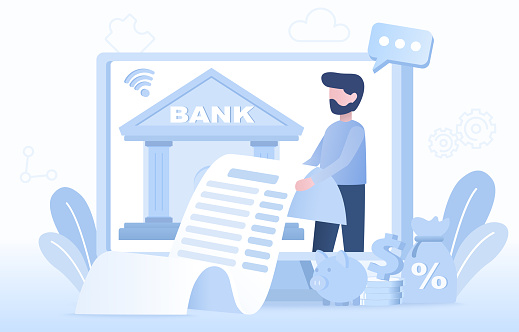 Internet banking and easy bank payment concept. Showing online bill, receipt via computer device. Money transfer, currency exchange, discount fee, shopping receipt. Flat vector design illustration.