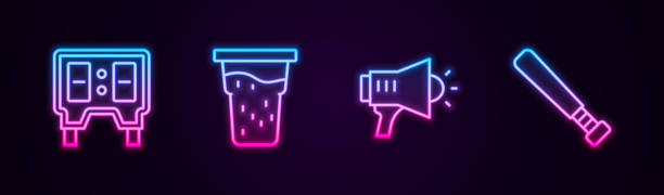 ilustrações de stock, clip art, desenhos animados e ícones de set line baseball mechanical scoreboard, glass of beer, megaphone and bat. glowing neon icon. vector - baseball bat audio