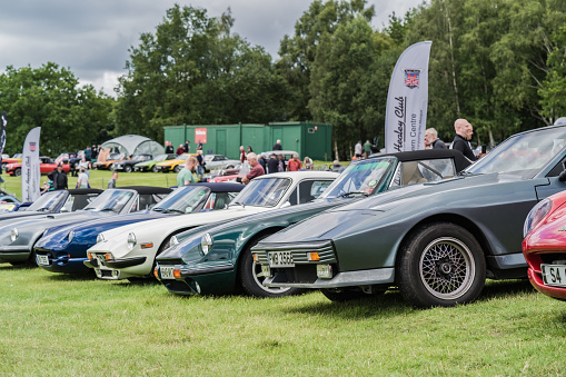 Tarporley, Cheshire, England, July 29th 2023. Row of retro TVRs' at a classic car meet, automotive lifestyle editorial illustration.