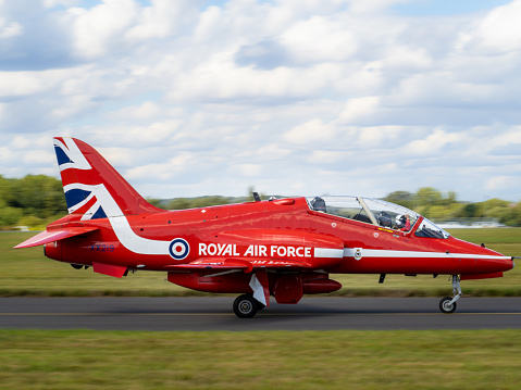 London Southend Airport, UK - August 20 2023: RAF Red Arrow taxiing in Southend Airport after an air show at Eastbourne
