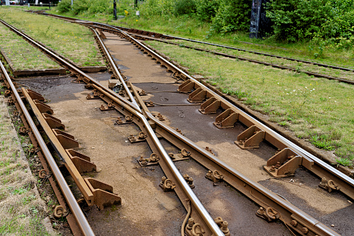 closeup of tram line's and points in the city on the public transport system