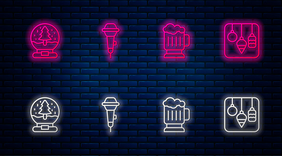Set line Microphone, Wooden beer mug, Christmas snow globe and lights. Glowing neon icon on brick wall. Vector.