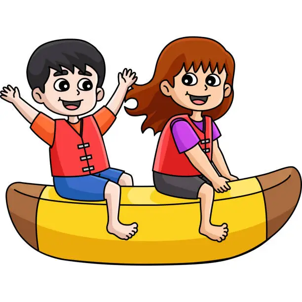 Vector illustration of Children Riding a Banana Boat Cartoon Clipart