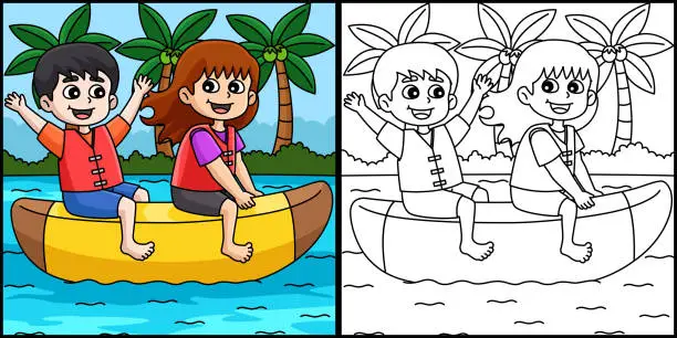 Vector illustration of Children Riding a Banana Boat Summer Illustration