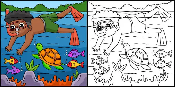 Vector illustration of Boy Snorkeling Summer Coloring Page Illustration