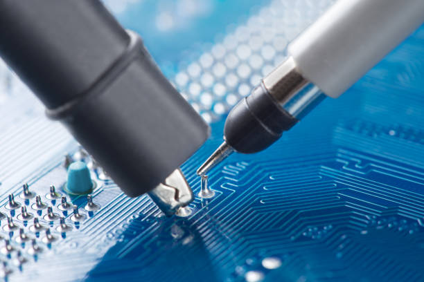 istock Measuring electronic signal using oscilloscope on the PCB. Electronics repair and digital technology. 1627765123