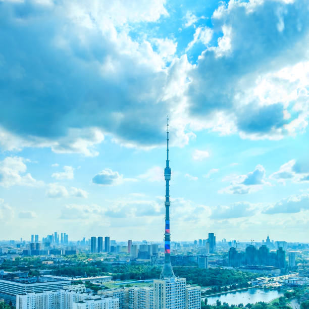 Ostankino TV Tower and beautiful Moscow panorama Moscow, Russia - August 10, 2023: Ostankino TV Tower and beautiful Moscow panorama. russian culture audio stock pictures, royalty-free photos & images