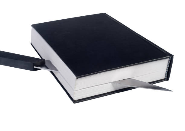 a book cut into slices with the knife on a transparent background