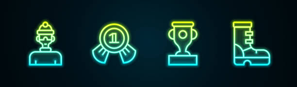 istock Set line Winter athlete, Medal, Award cup and Waterproof rubber boot. Glowing neon icon. Vector 1627789302