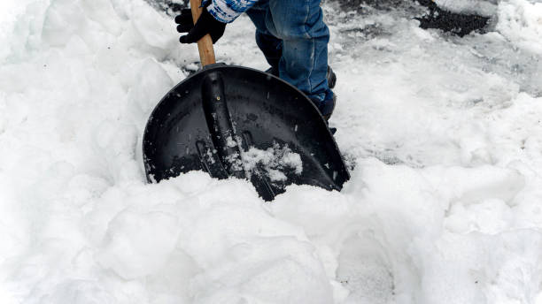 istock Young boy is hardworking clearing the backyard or walkway from snow after a snowstorm or blizzard. Concept of winter, snow removal, and child development. 1627794060