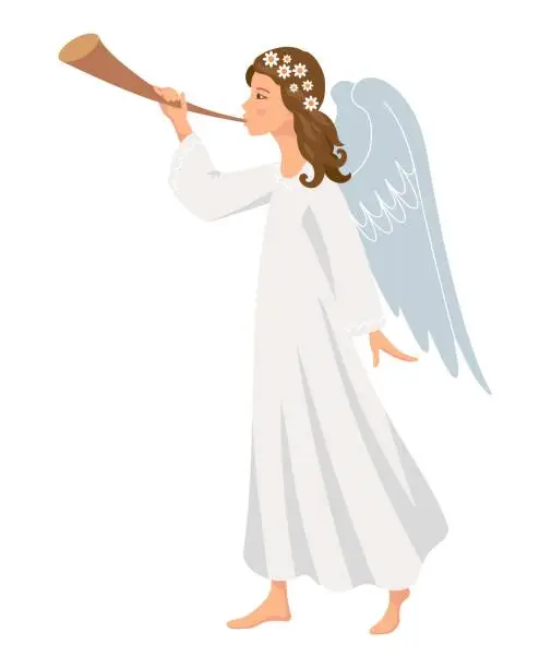 Vector illustration of cute Angel with trumpet. Christmas angel, design template, vector isolated