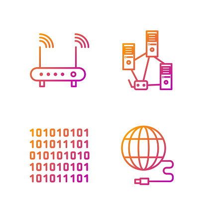 Set Line Social Network Binary Code Router And Wifi Signal And Computer ...