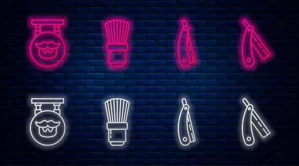 Vector illustration of Set line Shaving brush, Straight razor, Barbershop and Straight razor. Glowing neon icon on brick wall. Vector