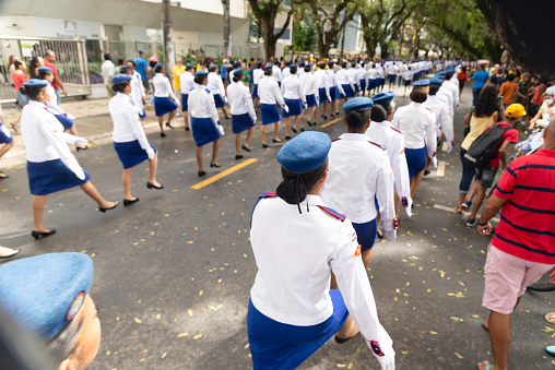 Salvador, Bahia, Brazil - September 07, 2022: Students from the military college of the army are seen parading during the Brazilian independence party in the city of Salvador.