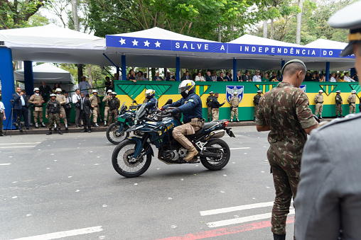 Salvador, Bahia, Brazil - September 07, 2022: Federal road police parade during the Brazilian independence day in the city of Salvador.