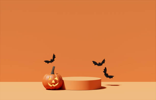 オレンジの背景に3D台座の表彰台。飛んでいるコウモリと一緒に落ちるカボチャ。ハロウィーンジャックoランタンディスプレイショーケース。秋の製品プロモーション。抽象的な不気味な秋�