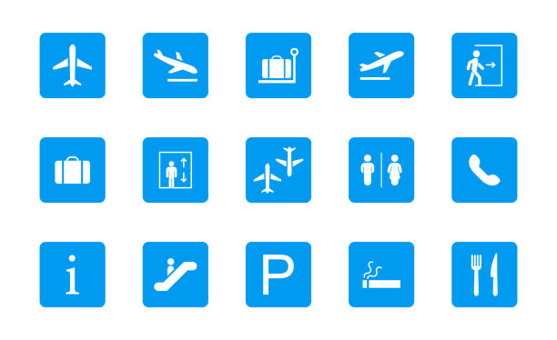 공항 아이콘 설정입니다. 공항 표지판. 아이콘 공항 서비스. 터미널, 출발, 도착, 환승, 체크인, 수하물, 안내 데스크, 출구, 레스토랑, 엘리베이터, 에스컬레이터, 화장실, 주차장 등 - airplane commercial airplane airport arrow sign stock illustrations