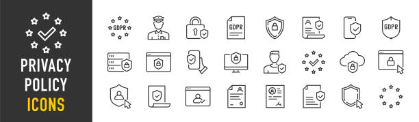 Privacy Policy web icons in line style. GDPR, security, data protection, shield, processing, data, collection. Vector illustration. vector art illustration