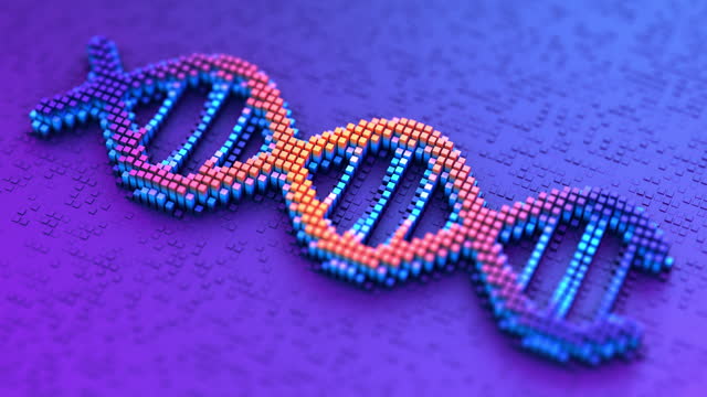 Perfectly seamless loop motion. Digital blue background with DNA double helix structure. Nucleic acid sequence. Genetic research. 3d illustration. Pixelated effect.