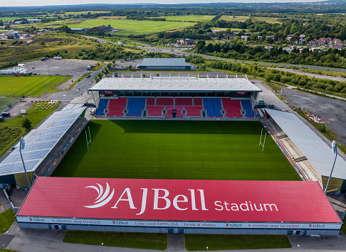 Aerial shot of AJ Bell rugby Stadium on the side of a river.