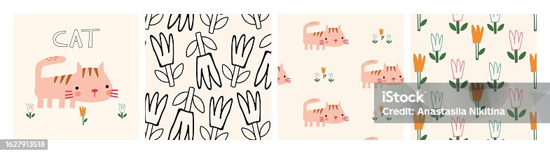 istock cute collection of patterns and illustrations with cat and flowers. 1627913518