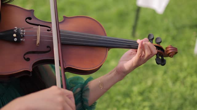 Closeup of a female violinist playing violin in the park outdoors