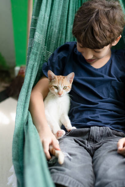 istock Boy inside a hammock with his pet cat petting him. Love for animals. 1627919752