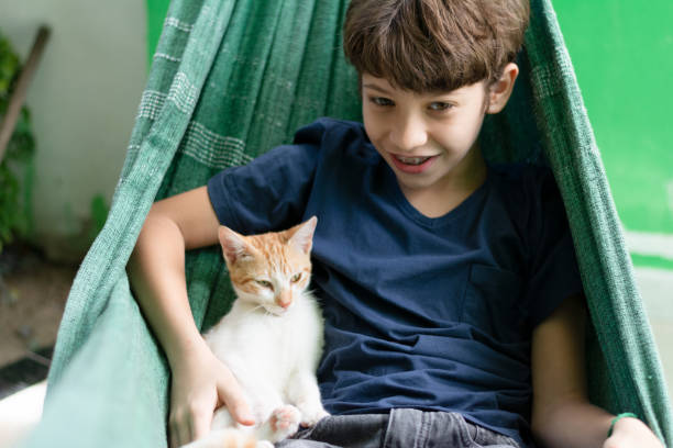 istock Boy inside a hammock with his pet cat petting him. Love for animals. 1627919756