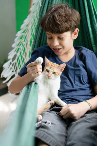 istock Boy inside a hammock with his pet cat petting him. Love for animals. 1627919759