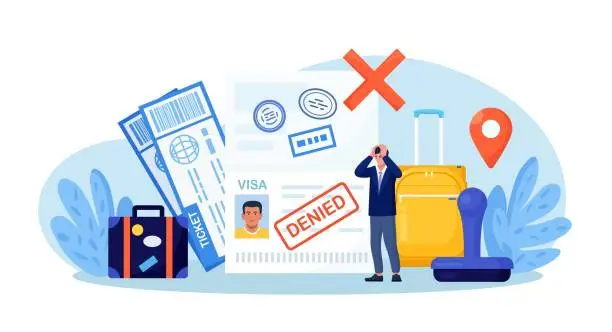 Vector illustration of Open passport with stamp denied on travel visa, luggage, frustrated emigrant. Depressed man upset about refused entry. Travel abroad rejected. International vacation or emigration procedure