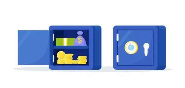 Vector illustration of Closed and opened security metal safes. Safe box locked with code lock with savings, dollar coins, banknotes. Money protection concept. Banking, deposit