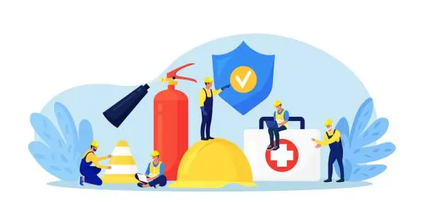 Vector illustration of OSHA concept. Occupational safety regulations and health inspection. Government service protecting safety at job. Worker security protection policy. Caution regulation document for trauma prevention