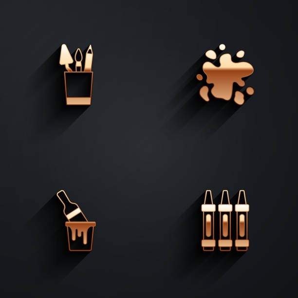 istock Set Pencil case stationery, Paint spray, bucket with brush and Wax crayons for drawing icon with long shadow. Vector 1627927518
