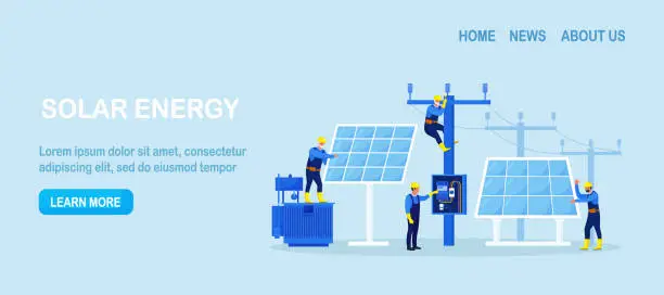 Vector illustration of People install, configure solar panel system. Utility workers repairing electric installations, power lines. Green renewable energy, global warming, environment. Generate energy equipment maintenance