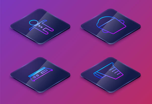 istock Set Isometric line Holiday gingerbread man cookie , Electronic scales , Bakery bowl dough and Measuring cup. Blue square button. Vector 1627929580