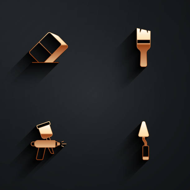 istock Set Eraser or rubber, Paint brush, spray gun and Palette knife icon with long shadow. Vector 1627937009