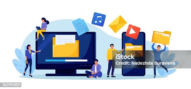 istock File Transfer. Computer, phone with folders on screen, transferred documents. Copy files, data exchange, backup. Saving document on storage. Digital data migration between devices People sharing files 1627941821