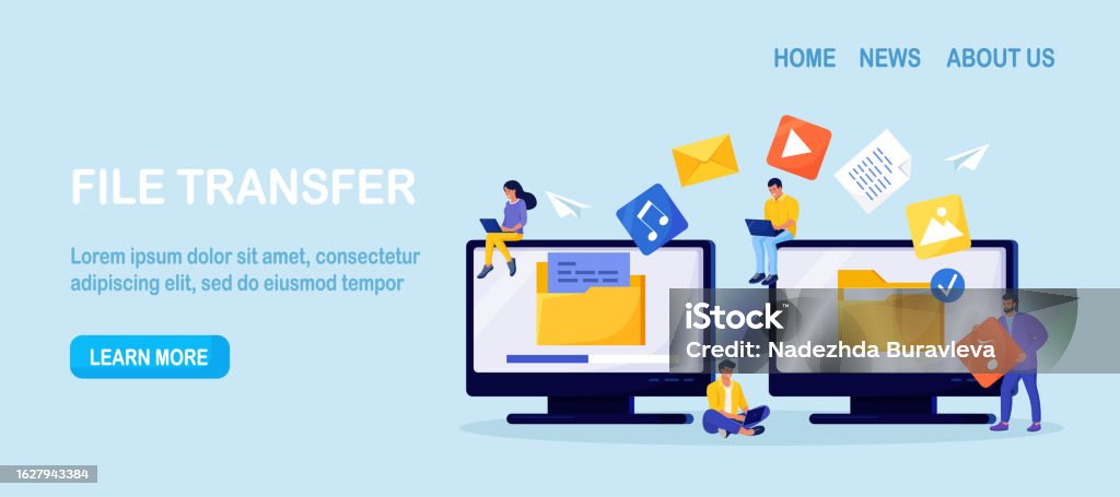 Computer File Transfer Cartoon File Transfer Two Computers With Folders On Screen Transferred ...