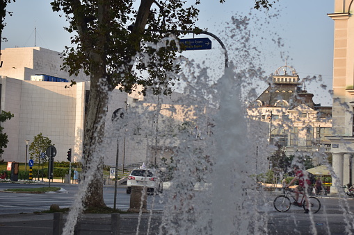 ˝Novi Sad, Serbia - 08 20 2023: Theatre square and fountain in city center of the city of Novi Sad, Vojvodina, Serbia˝