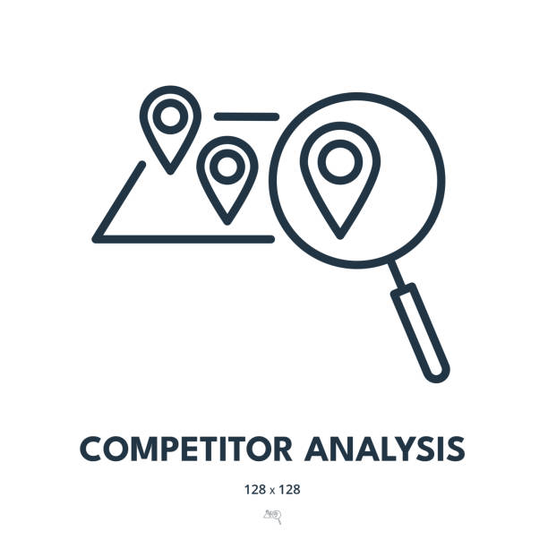 ikona analizy konkurencji. badania rynku, porównania, strategia. edytowalny obrys. prosta ikona wektorowa - magnifying glass scrutiny challenge exploration stock illustrations