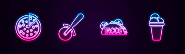 istock Set line Pizza, knife, Taco with tortilla and Ice cream. Glowing neon icon. Vector 1627951100