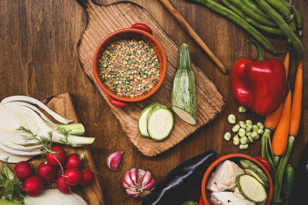 istock Diet or vegetarian food on a wooden table. 1627968401